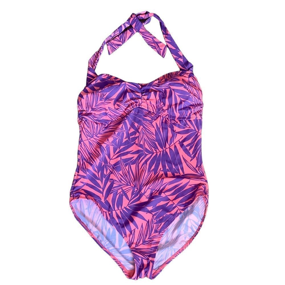 Jaclyn Smith Coral Purple Leaf Print Tie Around Neck Swimsuit Size 14